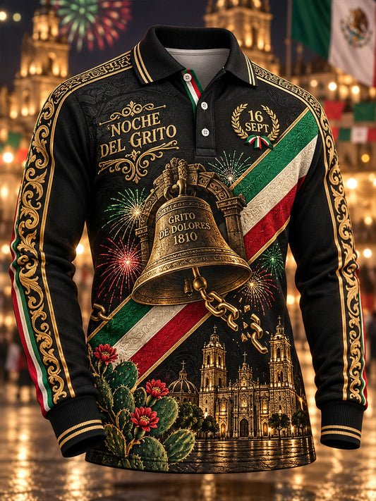 Camisa de manga larga estampada para el Día de la Independencia de México, para hombre