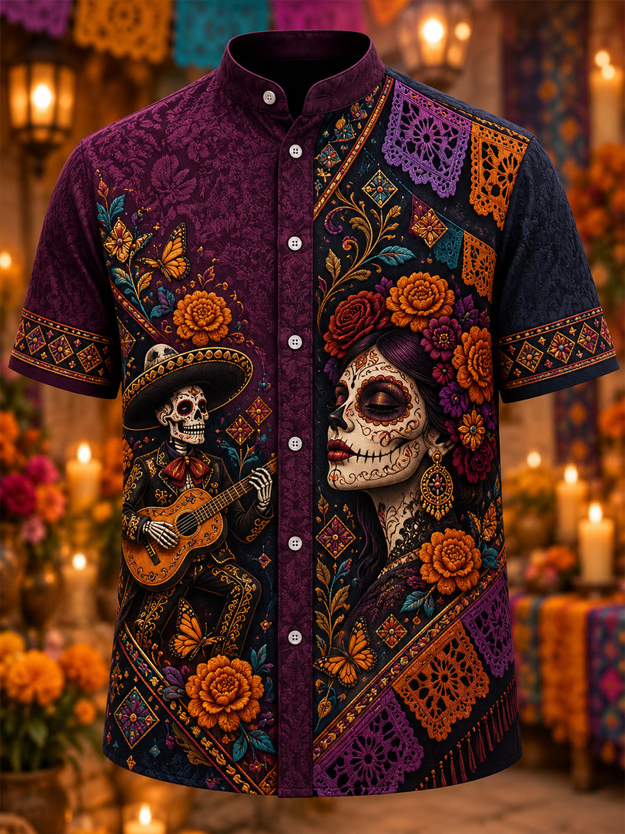 Camisa de manga corta para hombre con estampado del Día de los Muertos de México
