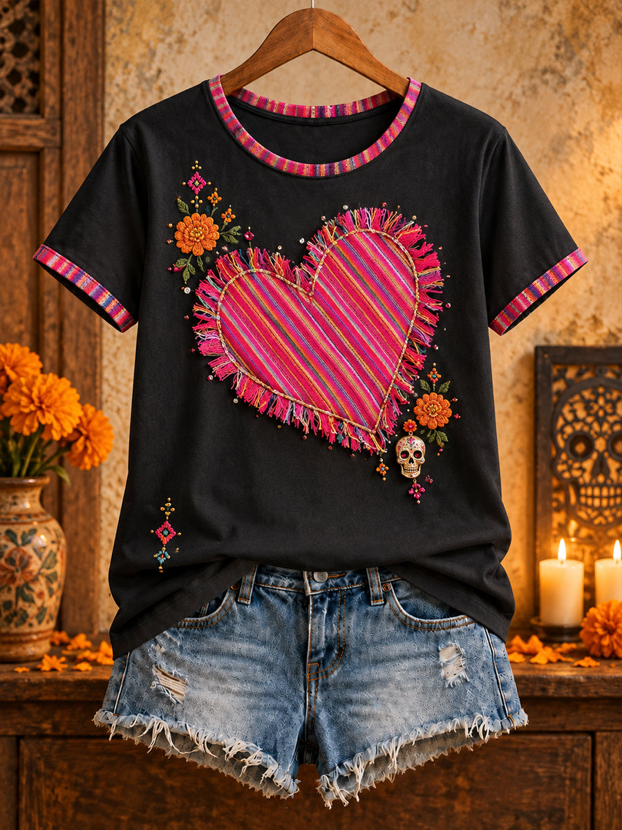 Camiseta estampada con arte de muñeca Lele mexicana para mujer