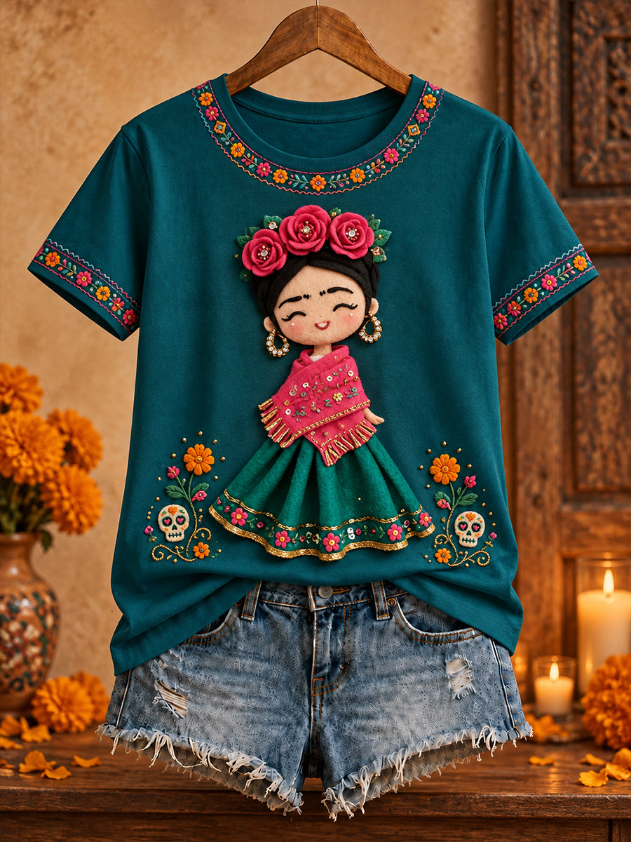 Camiseta estampada con arte de muñeca Lele mexicana para mujer