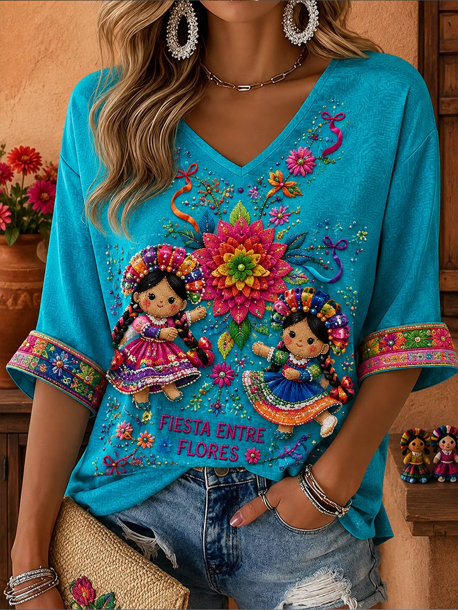 Camiseta estampada con arte de muñeca Lele mexicana para mujer