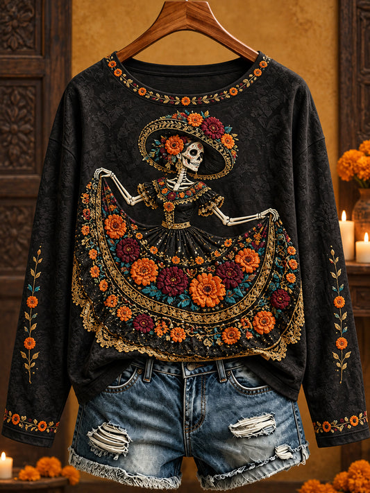 Camiseta estampada con arte floral del Día de Muertos para mujer