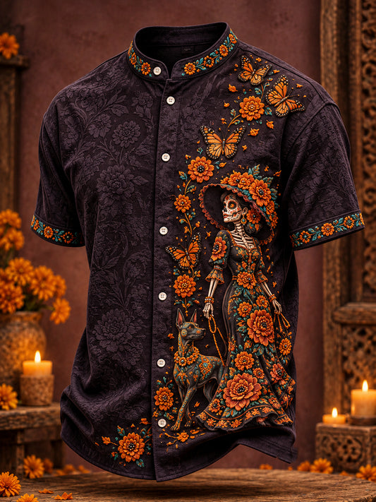 Camisa estampada con arte floral del Día de los Muertos para hombre