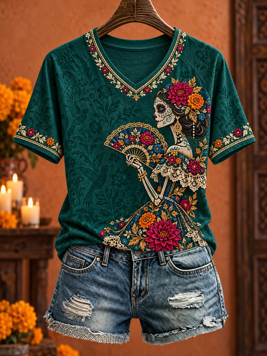 Camiseta estampada con arte floral del Día de Muertos para mujer