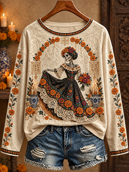 Camiseta estampada con arte floral del Día de Muertos para mujer