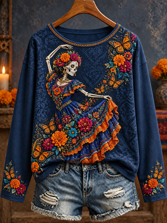 Camiseta estampada con arte floral del Día de Muertos para mujer