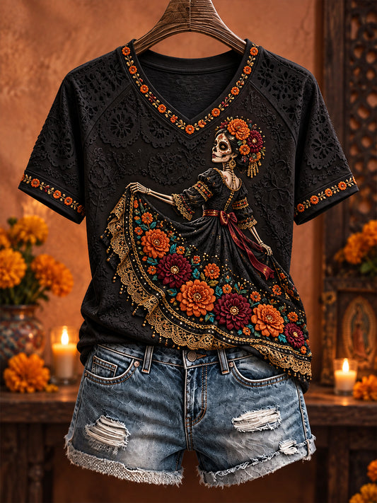 Camiseta estampada con arte floral del Día de Muertos para mujer