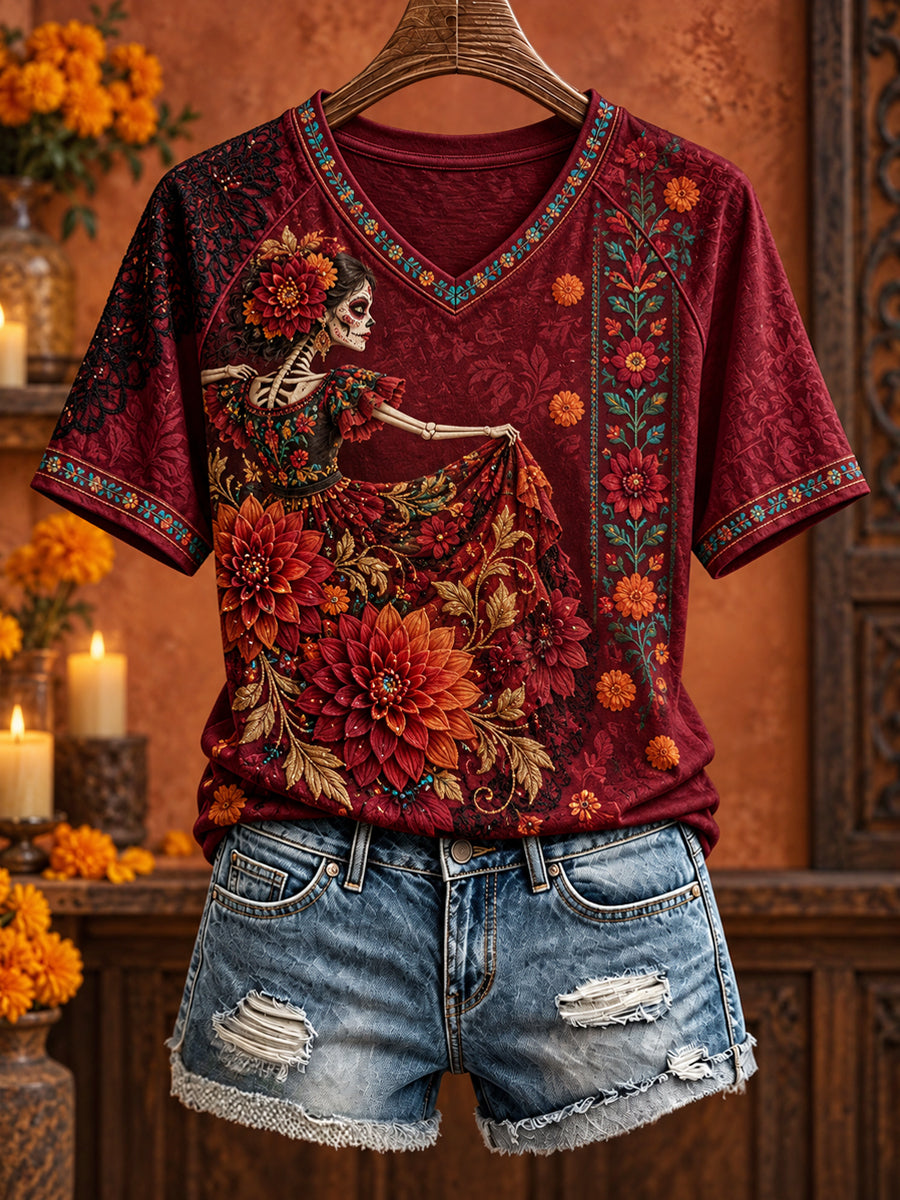 Camiseta estampada con arte floral del Día de Muertos para mujer
