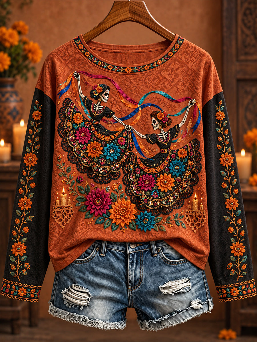 Camiseta estampada con arte floral del Día de Muertos para mujer