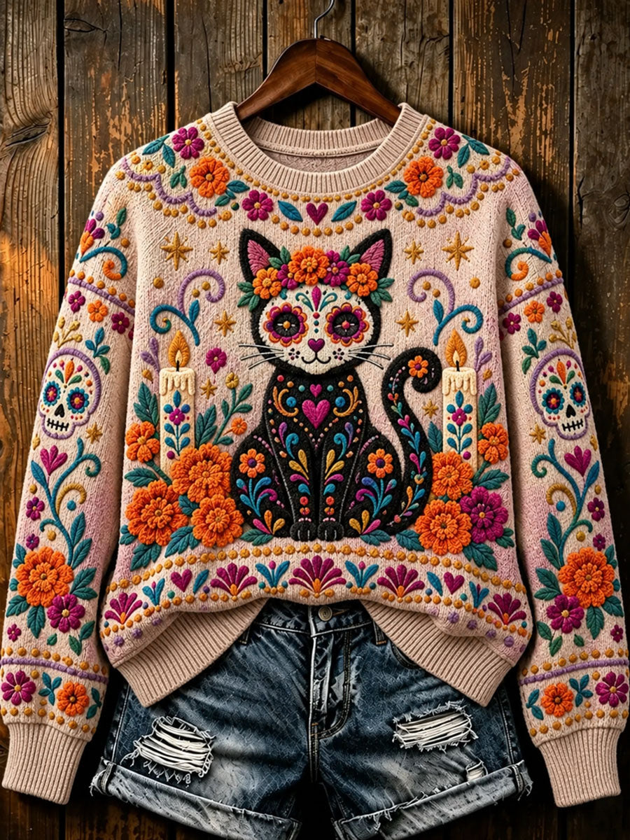 Suéter casual con estampado del Día de Muertos para mujer