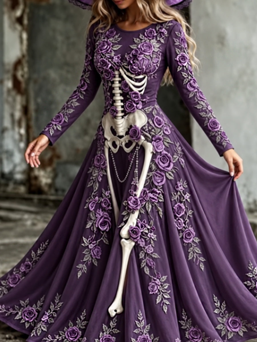 Vestido largo de manga larga con cuello redondo y estampado artístico vintage de esqueletos y flores para mujer
