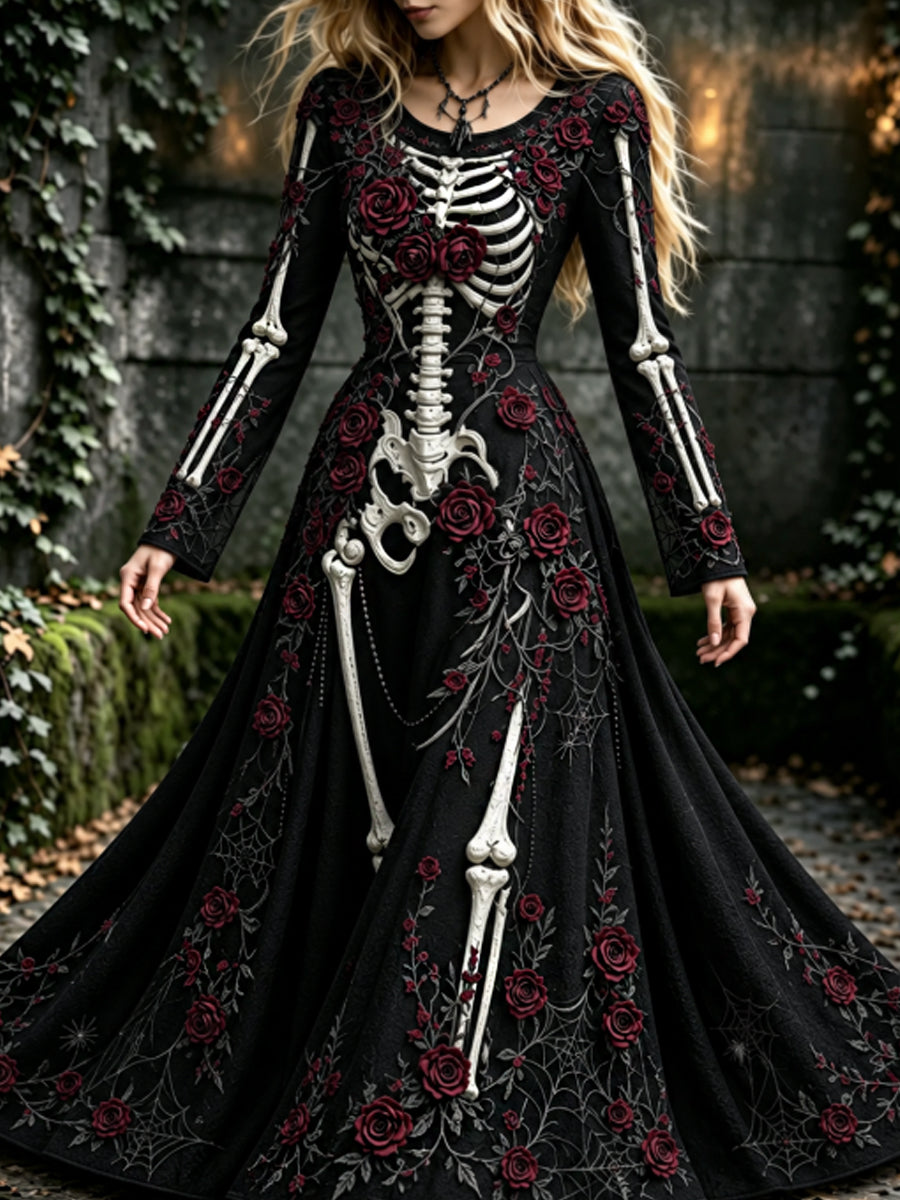 Vestido largo de manga larga con cuello redondo y estampado artístico vintage de esqueletos y flores para mujer