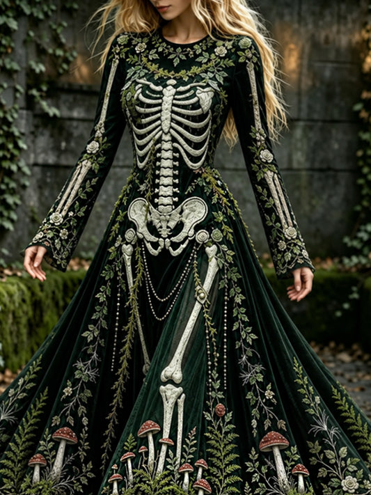 Vestido largo de manga larga con cuello redondo y estampado artístico vintage de esqueletos y flores para mujer