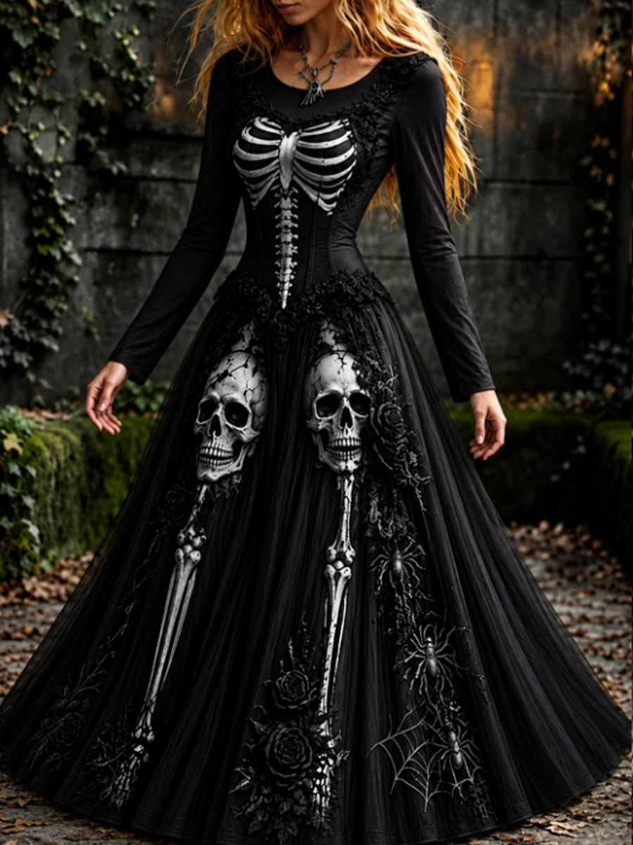Vestido largo de manga larga con cuello redondo y estampado artístico vintage de esqueletos y flores para mujer