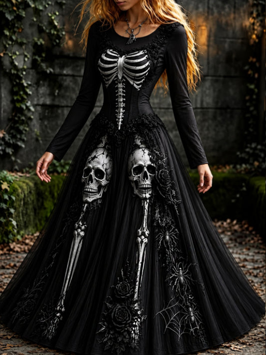 Vestido largo de manga larga con cuello redondo y estampado artístico vintage de esqueletos y flores para mujer