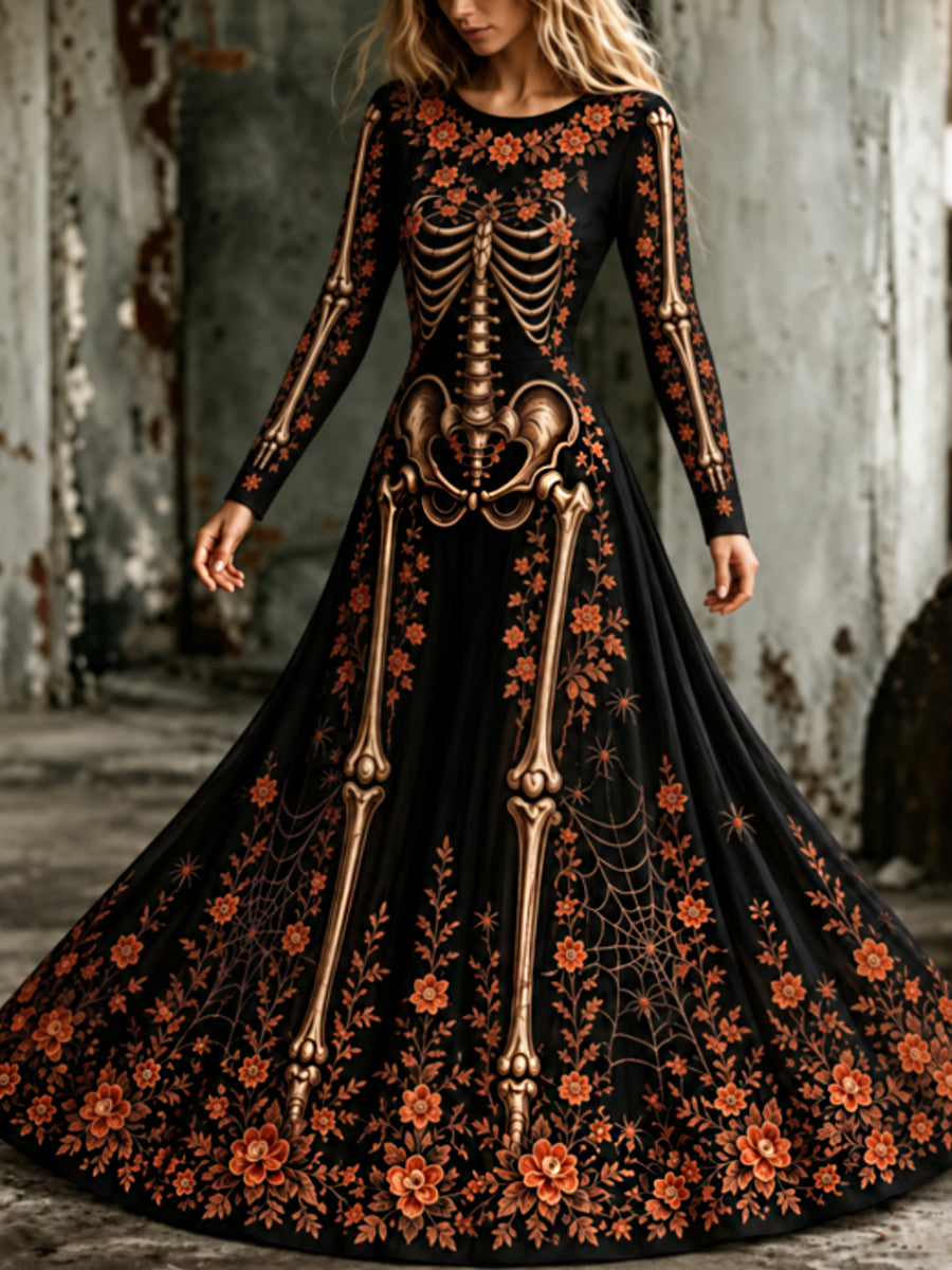 Vestido largo de manga larga con cuello redondo y estampado artístico vintage de esqueletos y flores para mujer