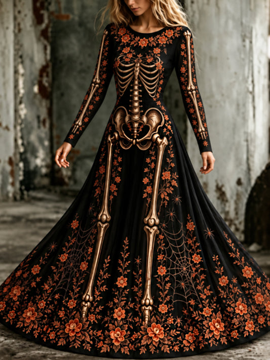 Vestido largo de manga larga con cuello redondo y estampado artístico vintage de esqueletos y flores para mujer