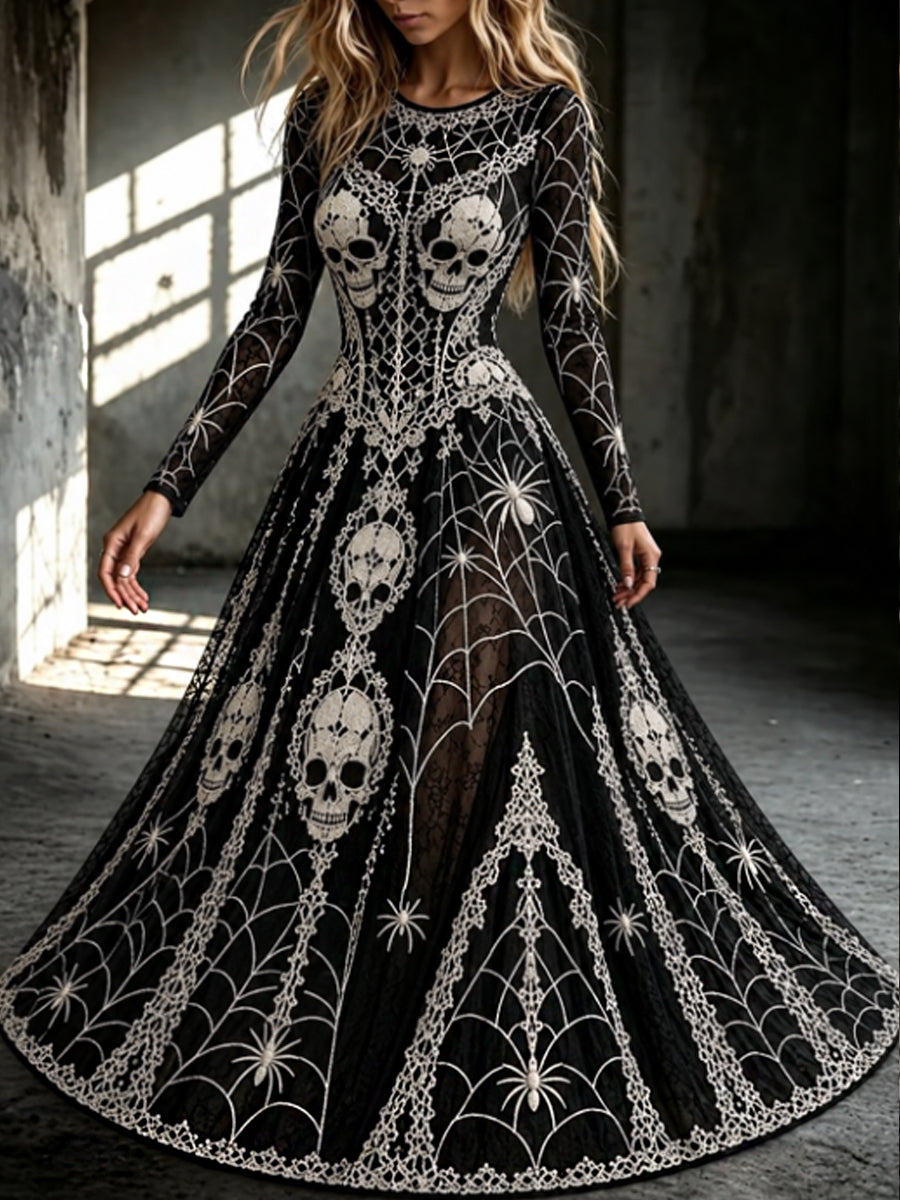 Vestido largo de manga larga con cuello redondo y estampado artístico vintage de esqueletos y flores para mujer