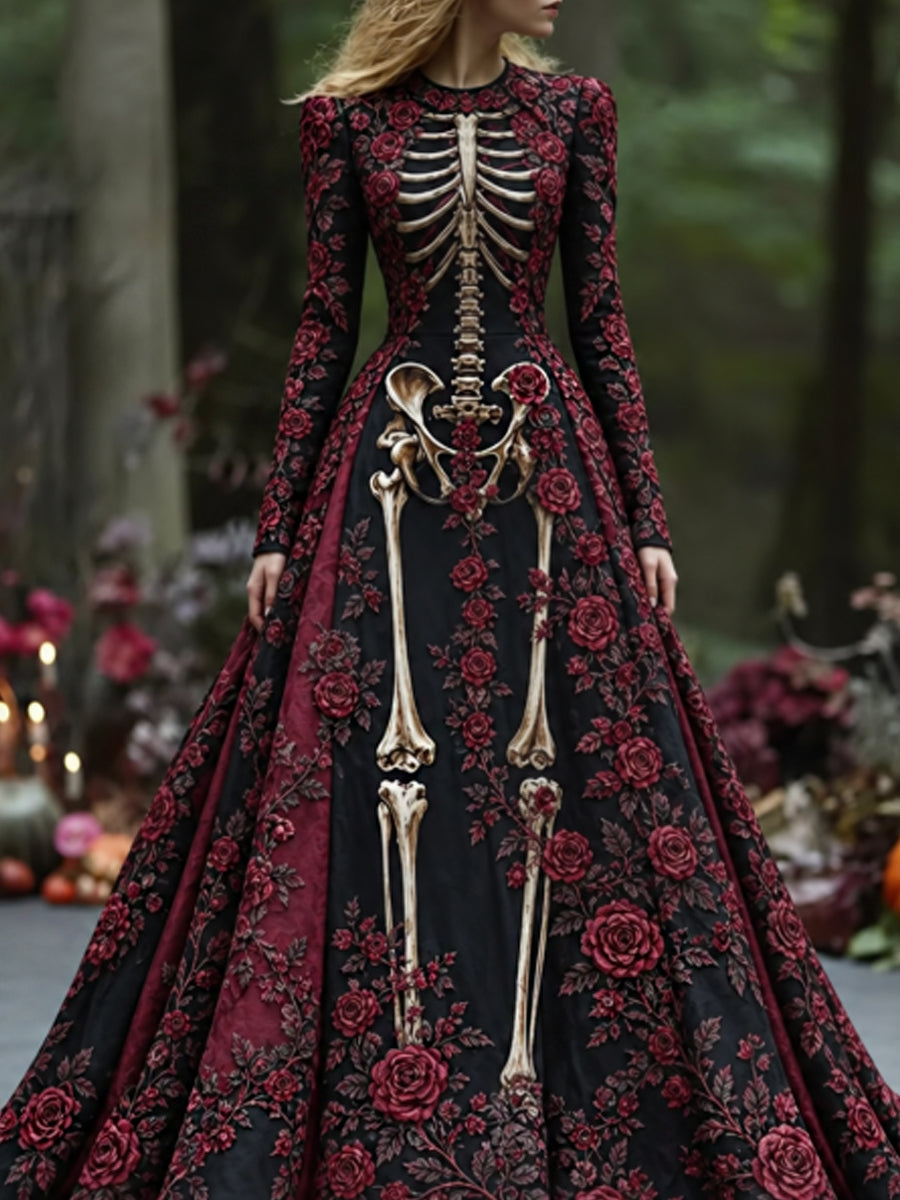 Vestido largo de manga larga con cuello redondo y estampado artístico vintage de esqueletos y flores para mujer