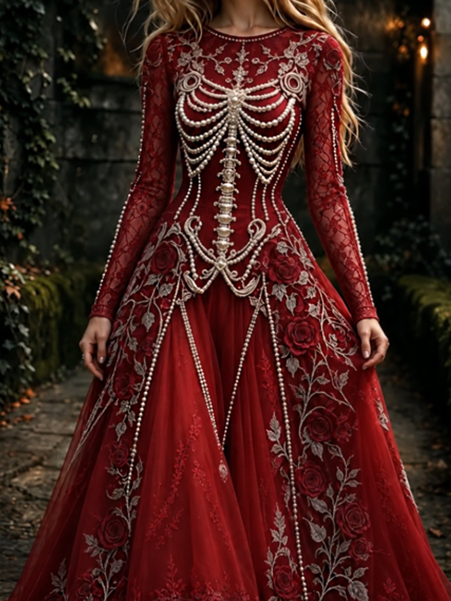 Vestido largo de manga larga con cuello redondo y estampado artístico vintage de esqueletos y flores para mujer