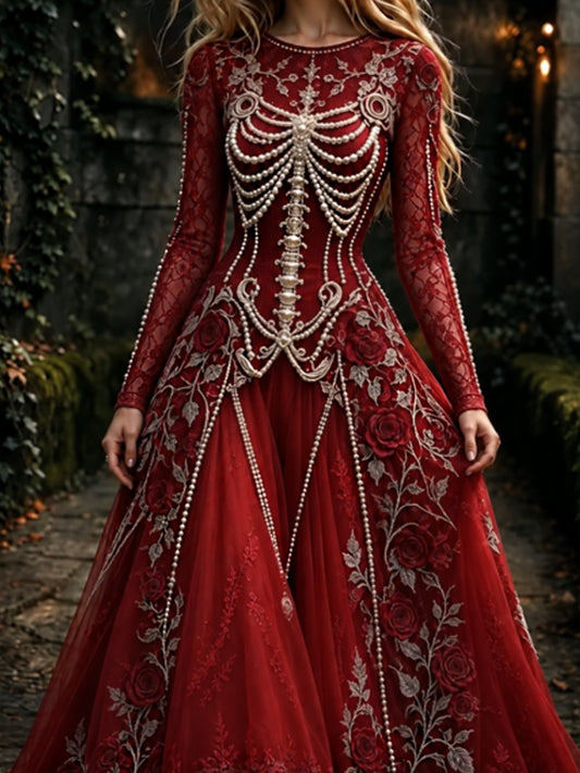 Vestido largo de manga larga con cuello redondo y estampado artístico vintage de esqueletos y flores para mujer