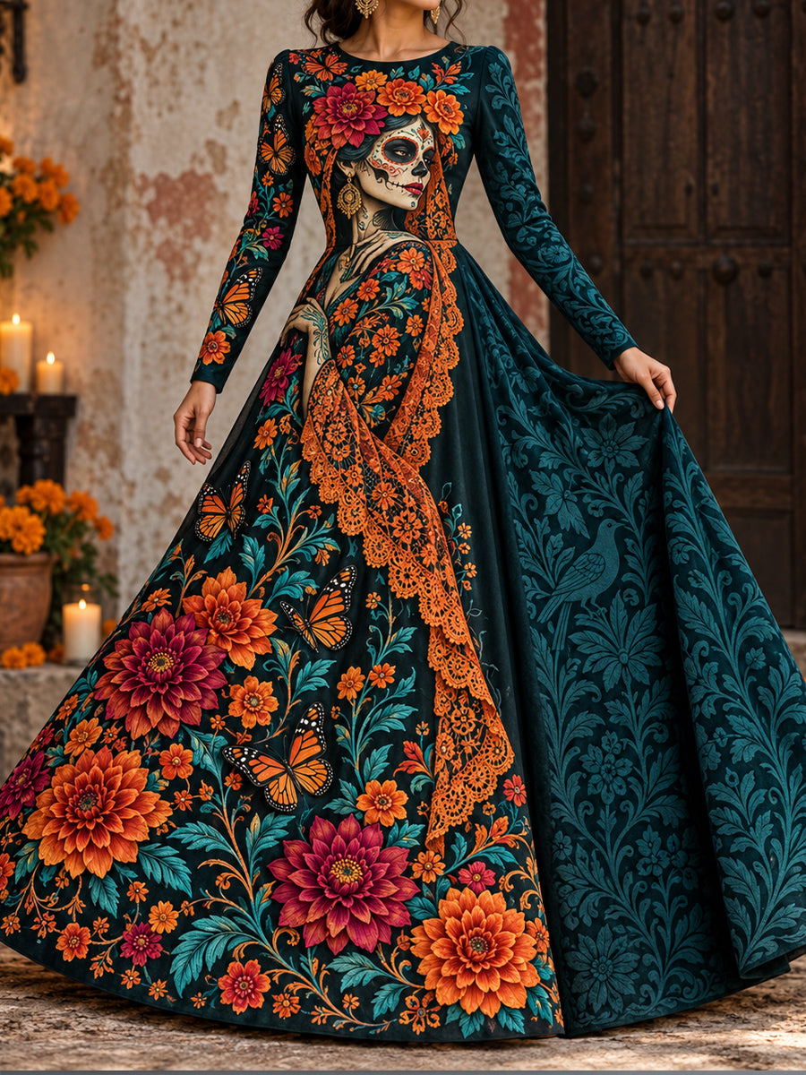 Vestido estampado con arte floral del Día de los Muertos mexicano para mujer
