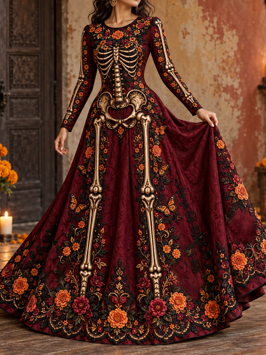 Vestido estampado con arte floral del Día de los Muertos mexicano para mujer