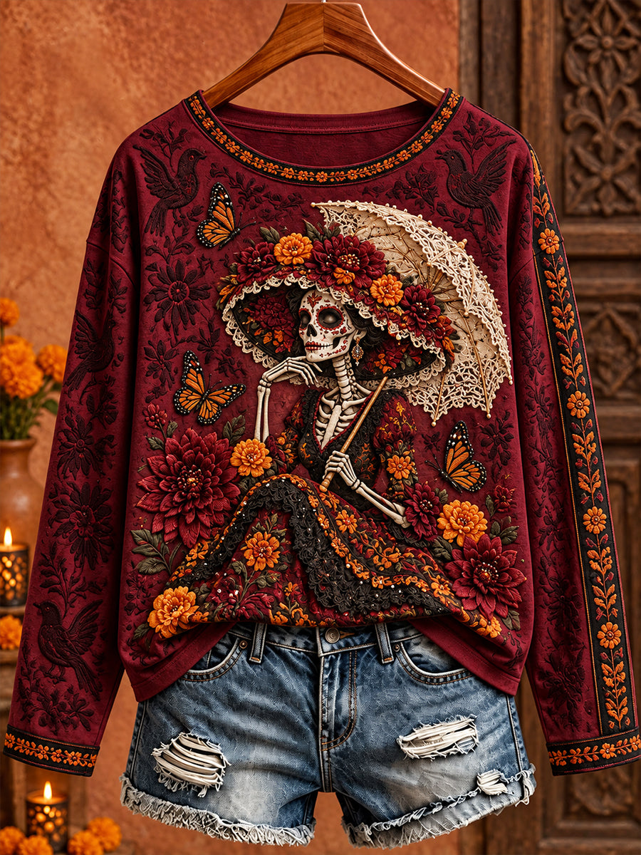 Camiseta estampada con arte floral del Día de los Muertos mexicano para mujer