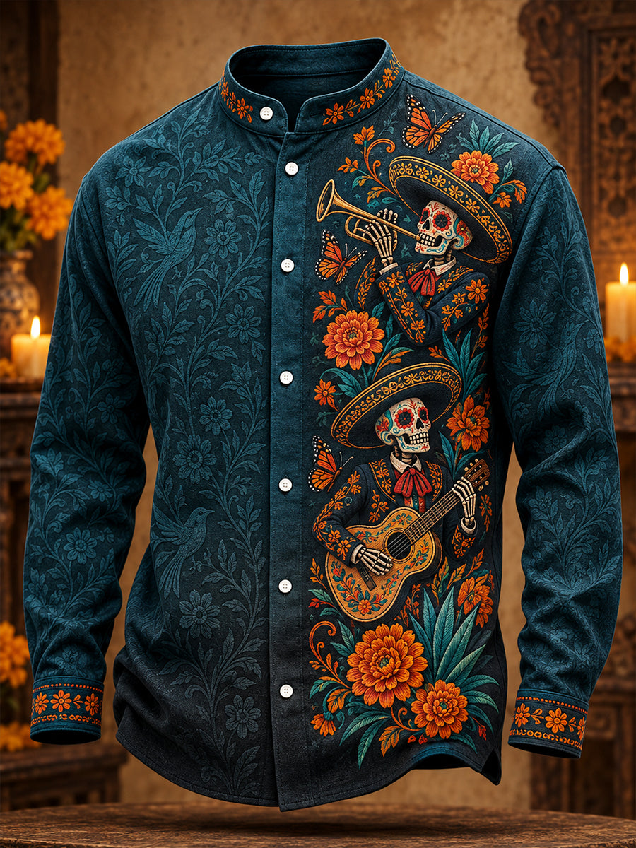 Camisa para hombre con estampado floral de Día de Muertos mexicano