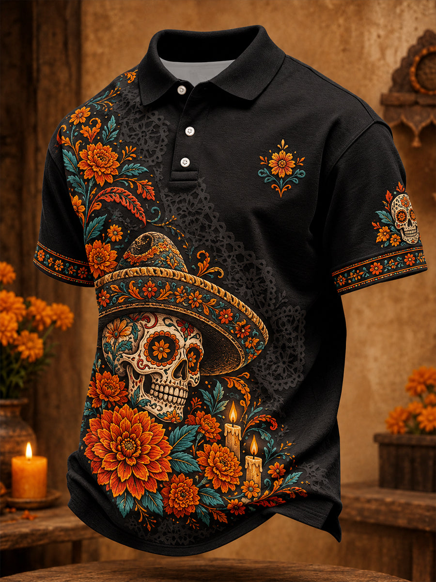 Camisetas casuales para hombre con estampado floral del Día de los Muertos de México