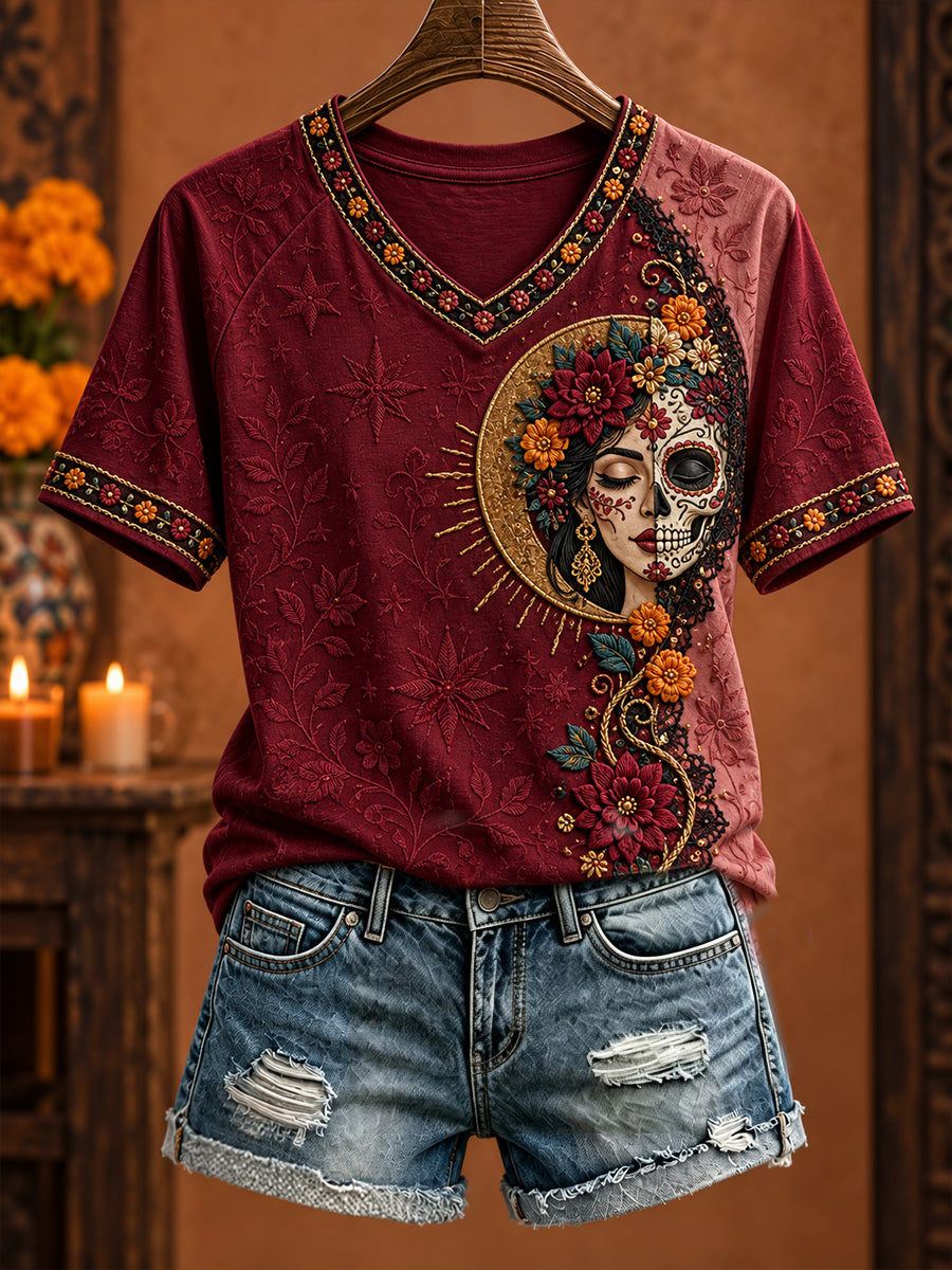 Camiseta estampada con arte floral del Día de los Muertos mexicano para mujer