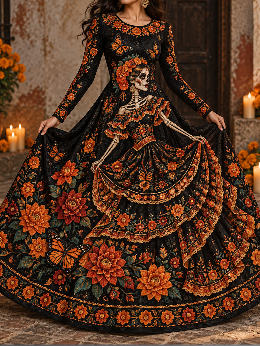 Vestido estampado con arte floral del Día de los Muertos mexicano para mujer