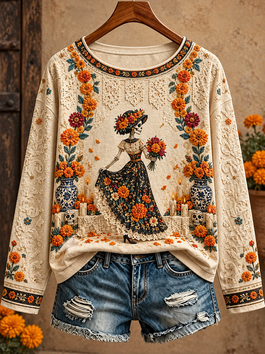 Camiseta estampada con arte floral del Día de los Muertos mexicano para mujer