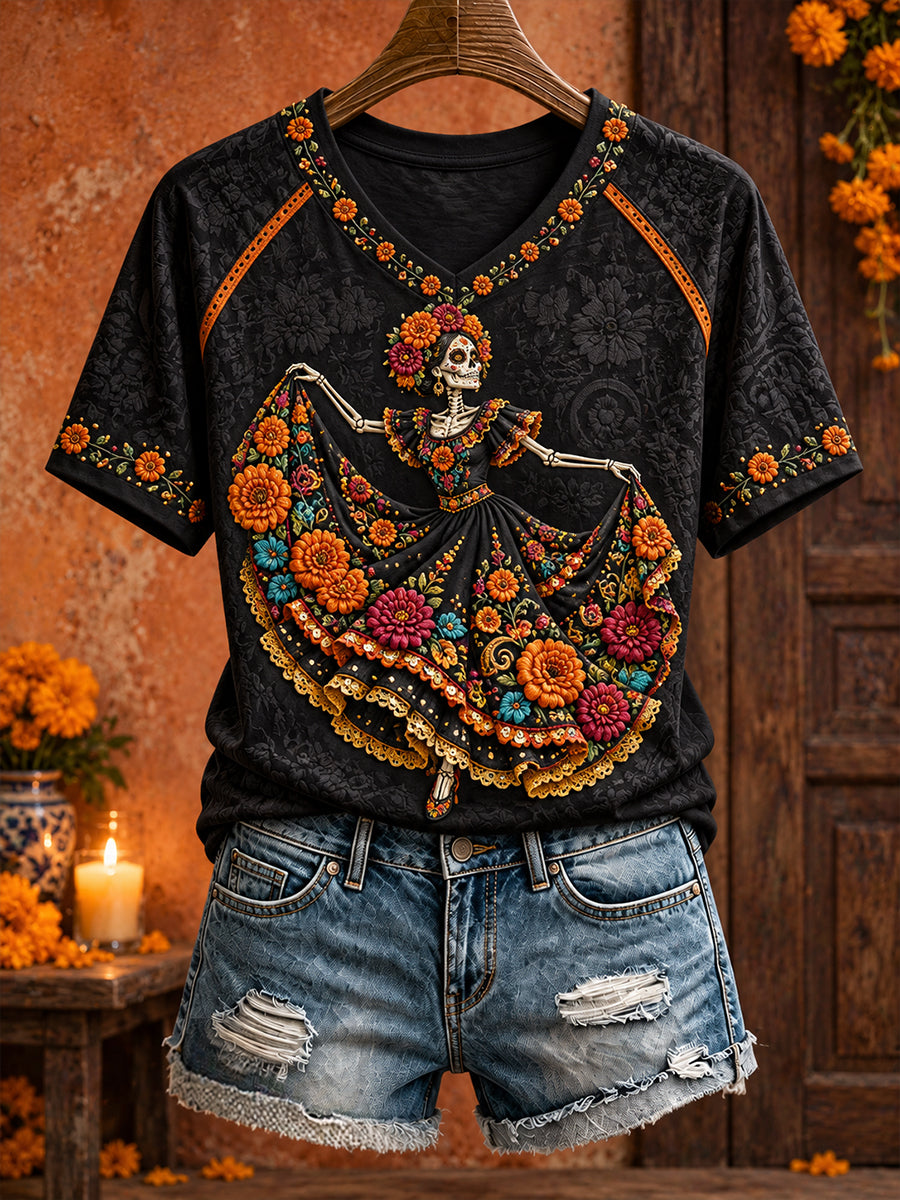 Camiseta estampada con arte floral del Día de los Muertos mexicano para mujer