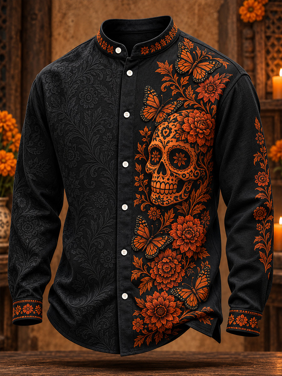Camisa para hombre con estampado floral de Día de Muertos mexicano
