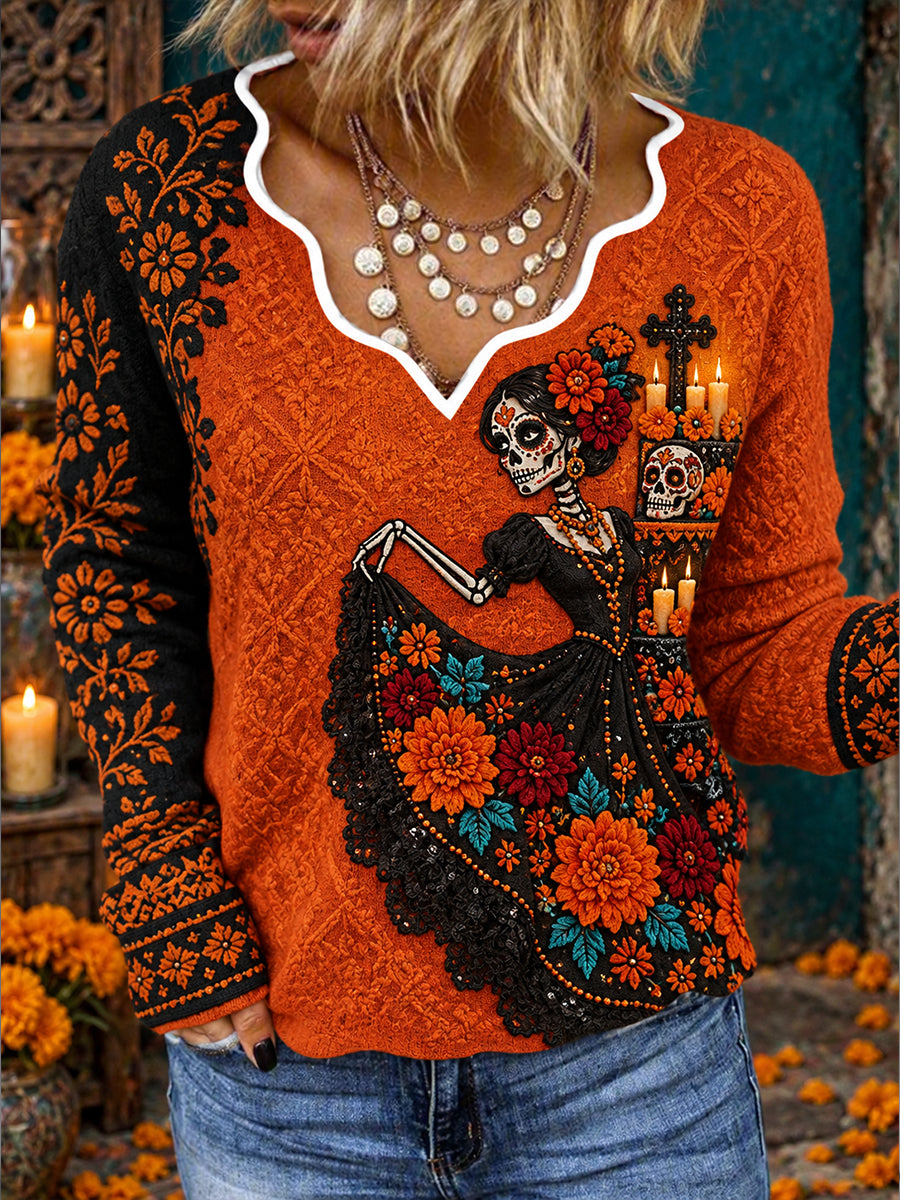 Camisetas estampadas con arte floral del Día de los Muertos mexicano para mujer