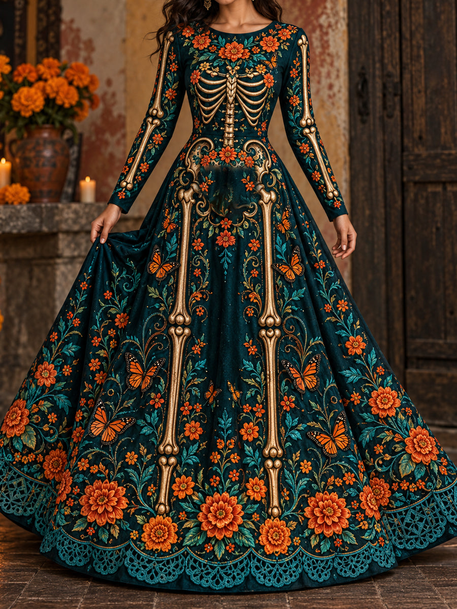 Vestido estampado con arte floral del Día de los Muertos mexicano para mujer