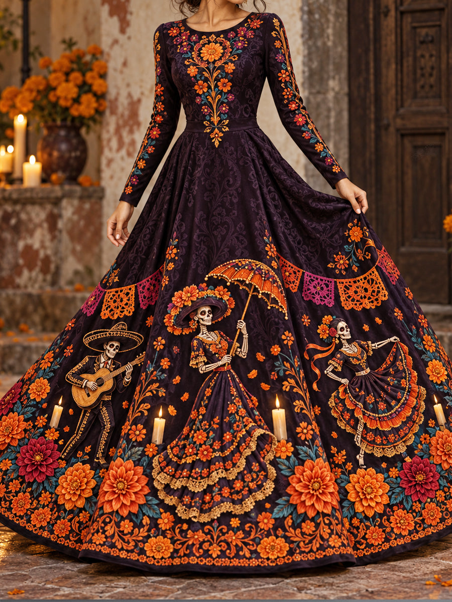 Vestido estampado con arte floral del Día de los Muertos mexicano para mujer