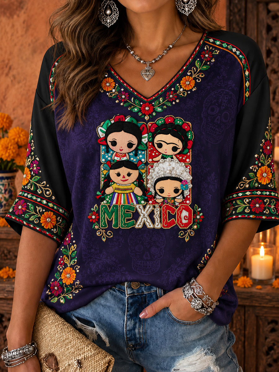 Camiseta estampada con diseño floral de la muñeca Lele mexicana para mujer