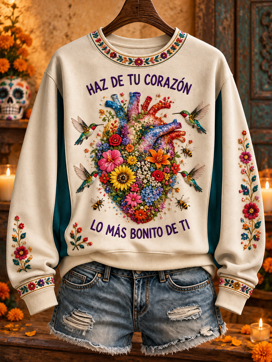 Sudadera con estampado floral de arte mexicano para mujer, diseño de muñeca Lele