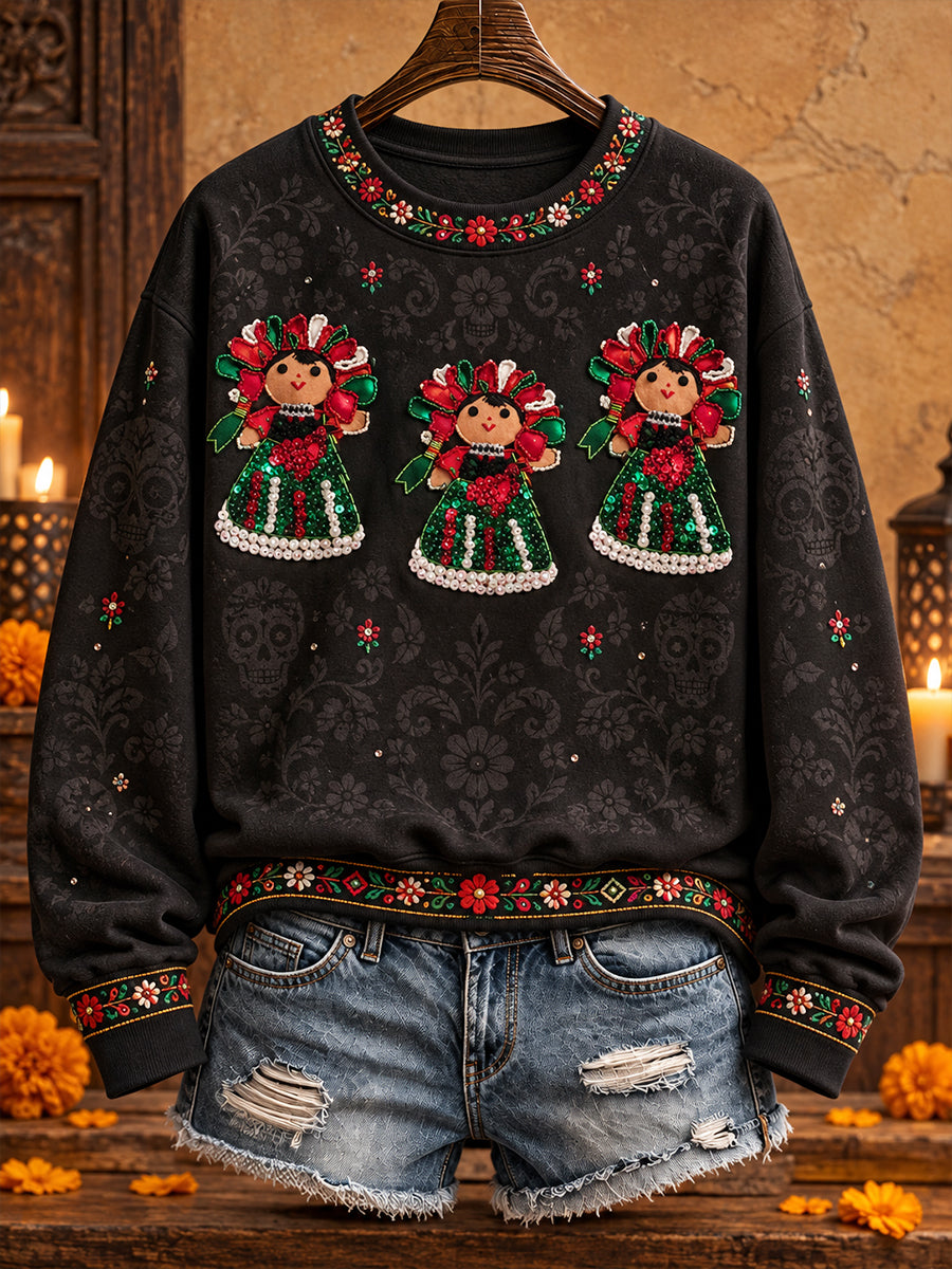 Sudadera con estampado floral de arte mexicano para mujer, diseño de muñeca Lele
