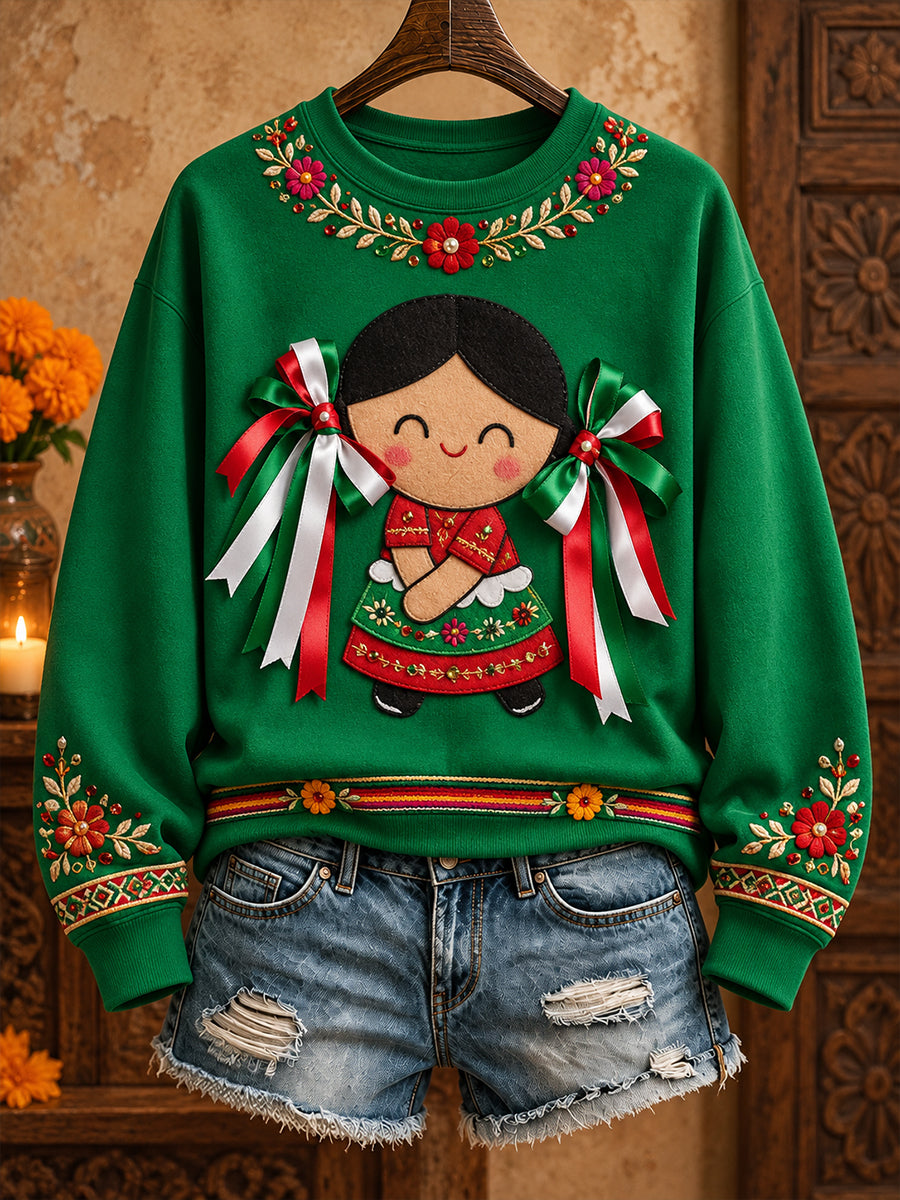 Sudadera con estampado floral de arte mexicano para mujer, diseño de muñeca Lele