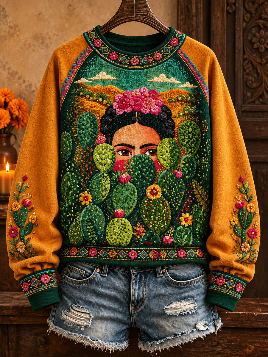 Sudadera con estampado de arte floral México Lele Doll para mujer