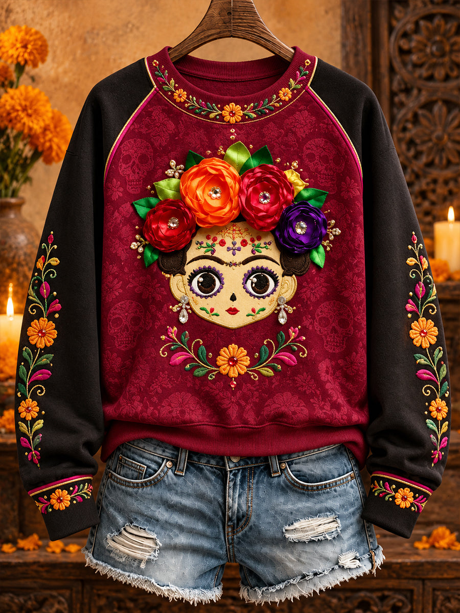 Sudadera con estampado floral de arte mexicano para mujer, diseño de muñeca Lele