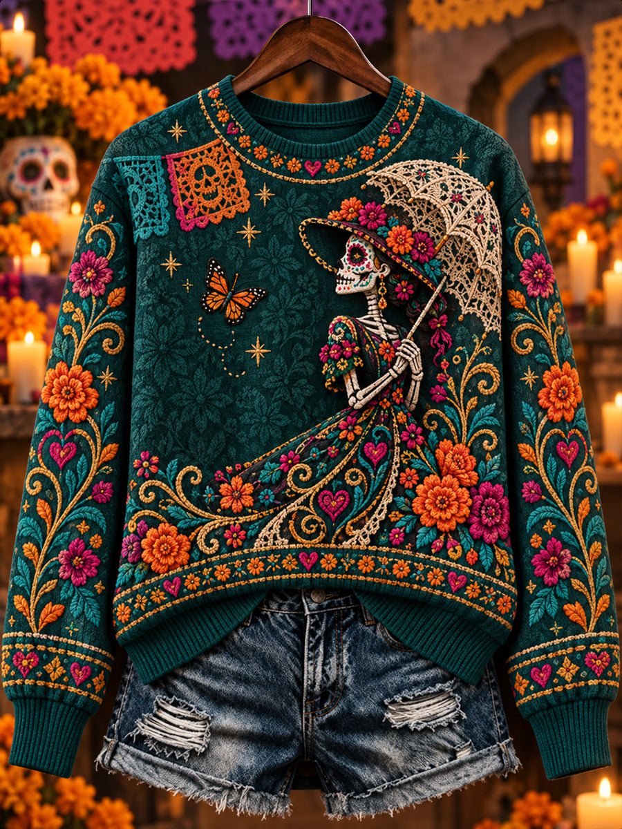 Camiseta de manga larga con cuello redondo para mujer del Día de los Muertos de México