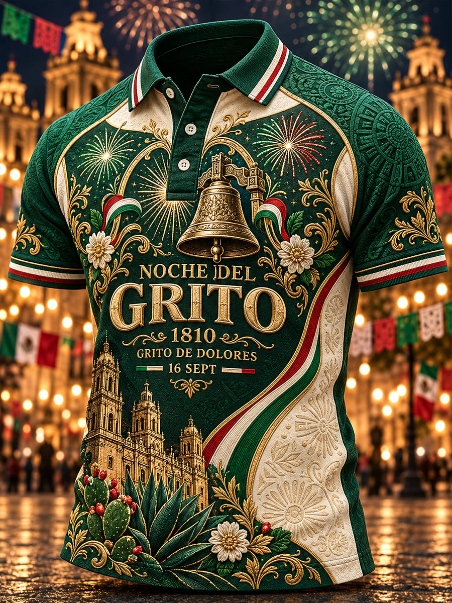 Camisa polo con estampado artístico del Día de la Independencia de México para hombre
