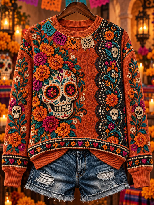 Camiseta de manga larga y cuello redondo para mujer, Día de Muertos de México