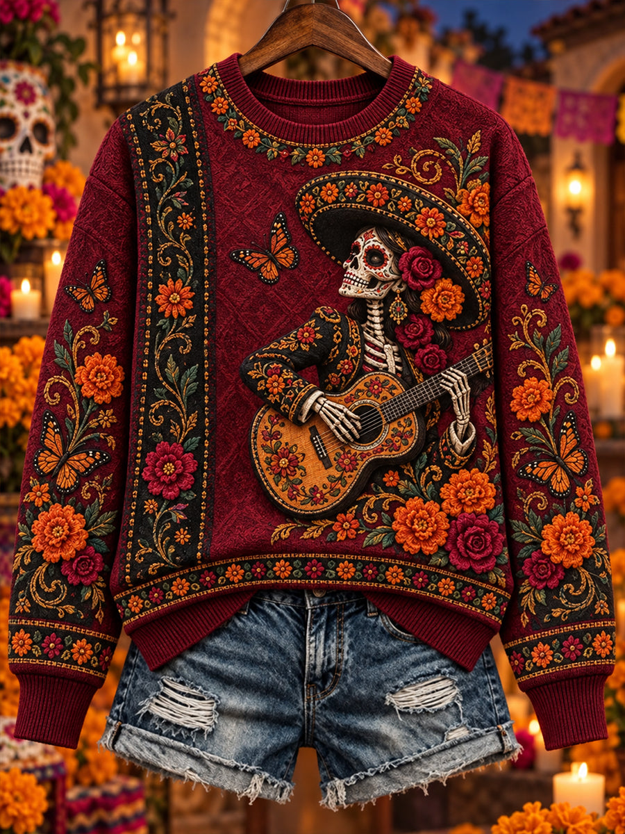 Camiseta de manga larga y cuello redondo para mujer, Día de Muertos de México