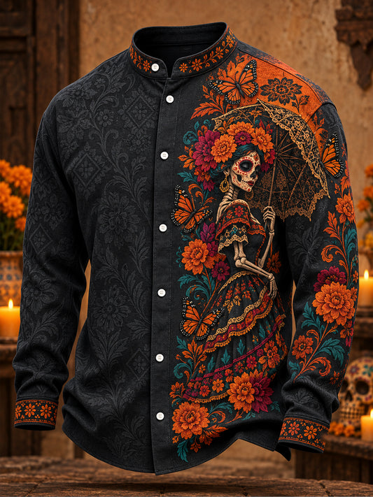 Camisa para hombre con estampado floral de Día de Muertos mexicano