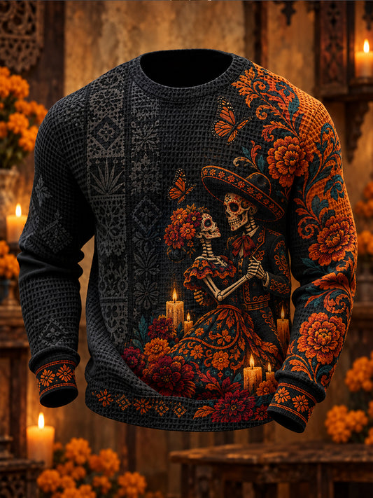 Sudadera de waffle estampada con diseño floral del Día de los Muertos mexicano para hombre